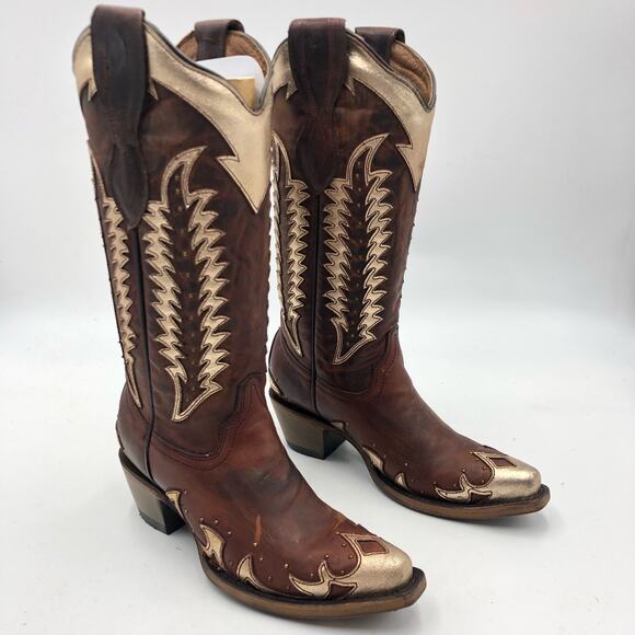 Circle G Shoes - Circle G Women's Overlay & Embroidery & Studded Boots Cognac Size 5.5 M